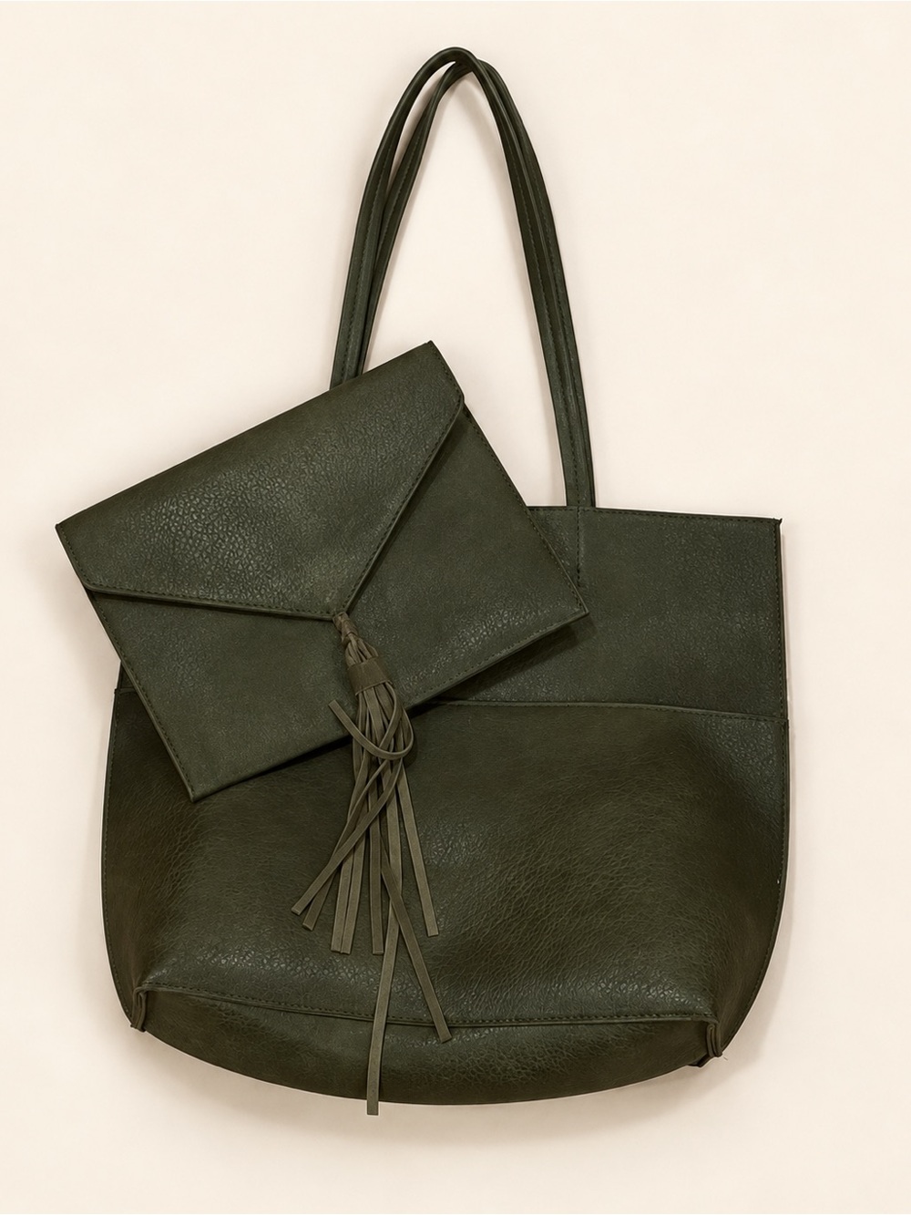 Anthropologie Olive Green Tote. Matching Tassel Clutch